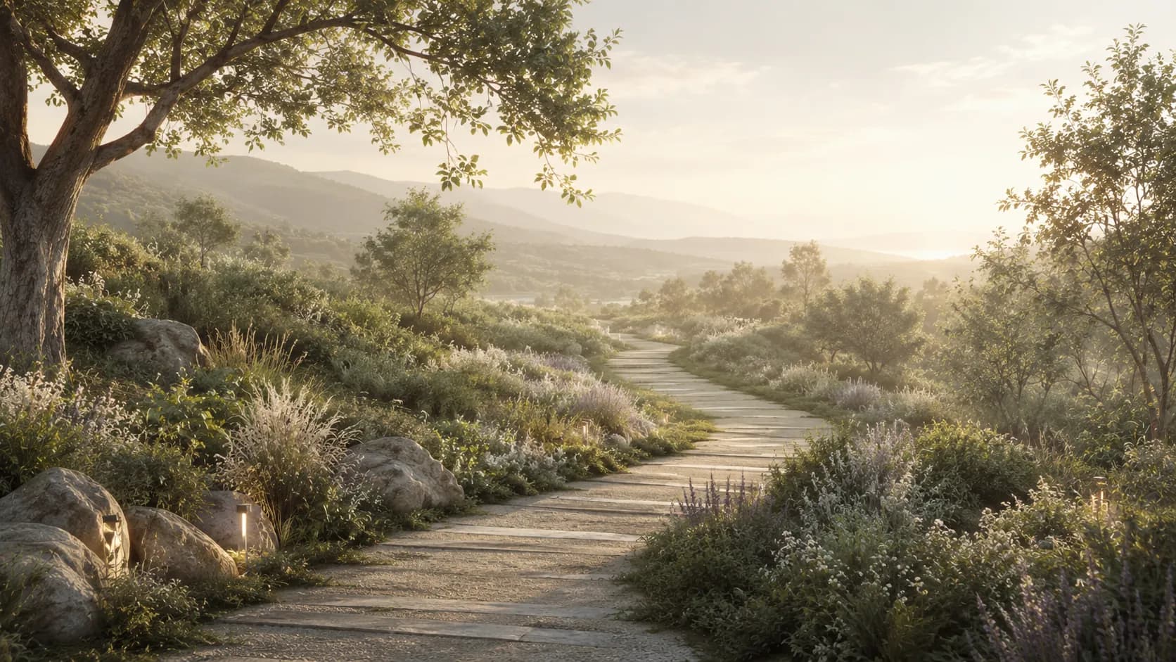 A stone path through wild planting and trees, opening toward a bright, misty mountain valley at sunrise