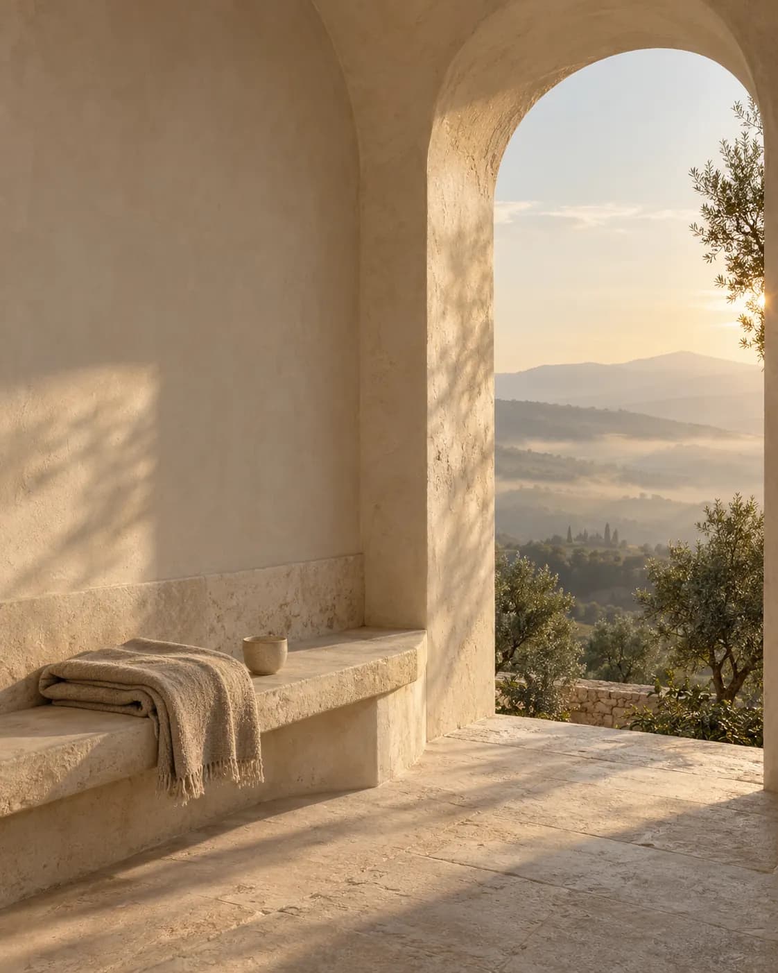 A folded blanket and a cup left on a stone bench in a quiet alcove, looking out through an arch at a misty valley